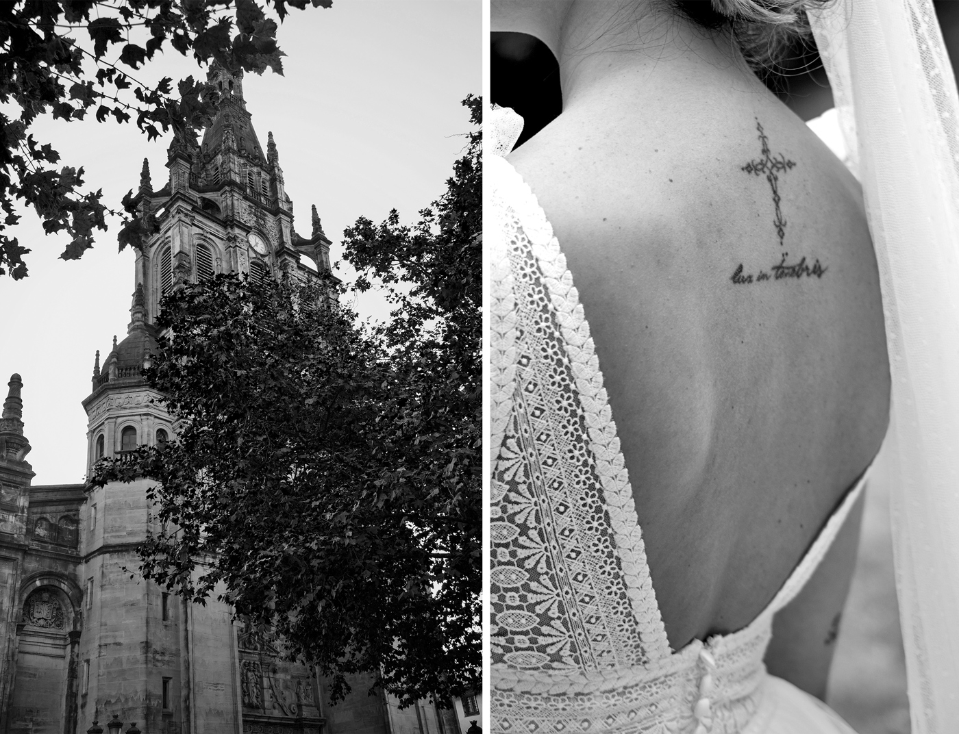 Composición en blanco y negro con la torre de una iglesia en Bilbao y un detalle del vestido y tatuaje de la novia durante su boda.