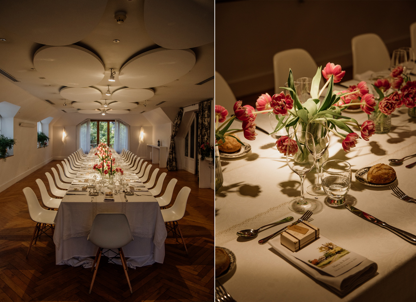 Decoración de mesa de boda fotografiada por un fotógrafo botasen Bizkaia, con flores rojas y mesa imperial preparada para el banquete
