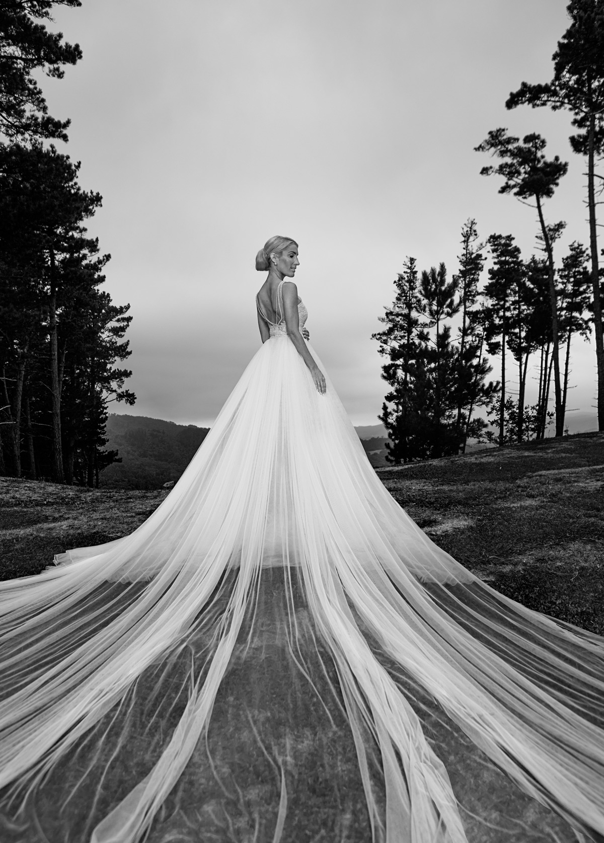 Novia posando con un vestido de cola larga en un entorno natural durante una sesión de boda cerca de Bilbao.