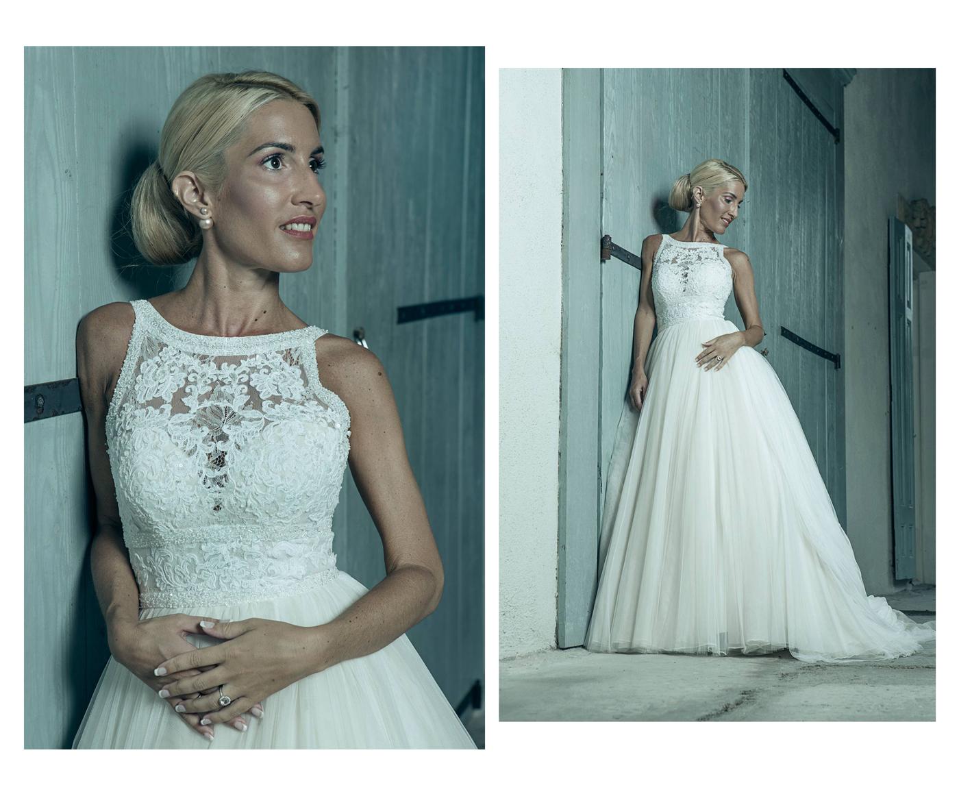 "Novia posando con vestido de encaje en un espacio interior, fotografía de boda realizada en Bilbao."