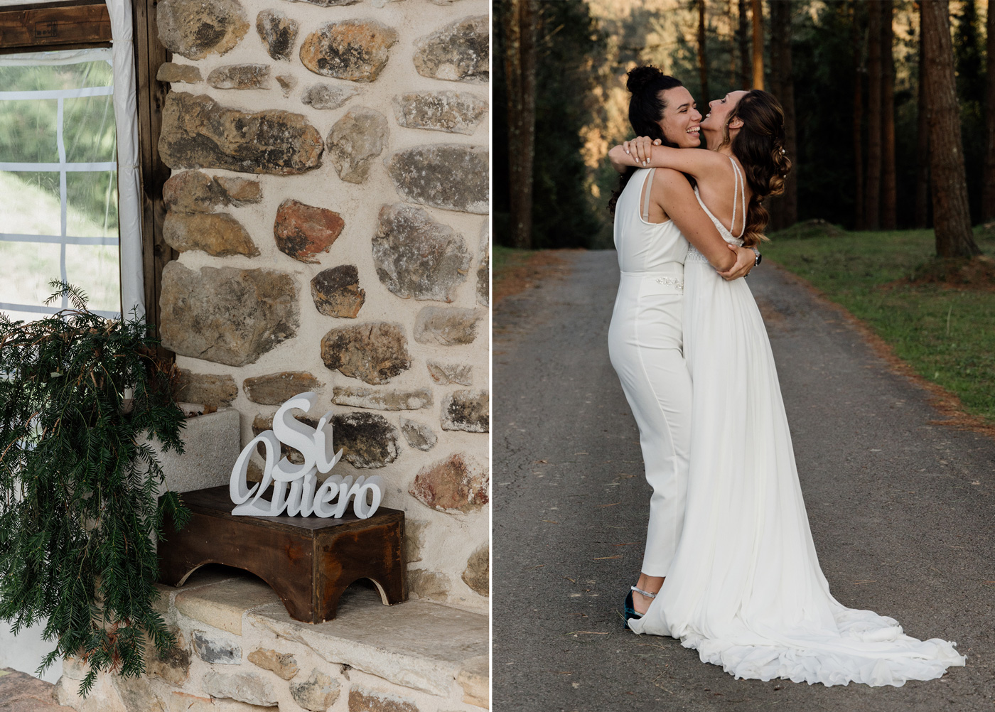 "Decoración de boda con la frase Sí Quiero y abrazo romántico entre dos novias en un camino arbolado, fotografía de boda en Bilbao y Bizkaia."