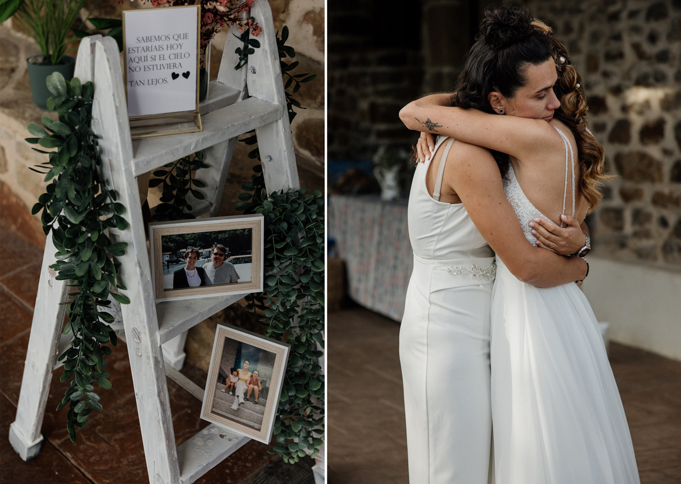 "Rincón decorativo con fotos familiares у un abrazo emotivo entre dos novias durante su boda, fotografía de boda en Bizkaia."