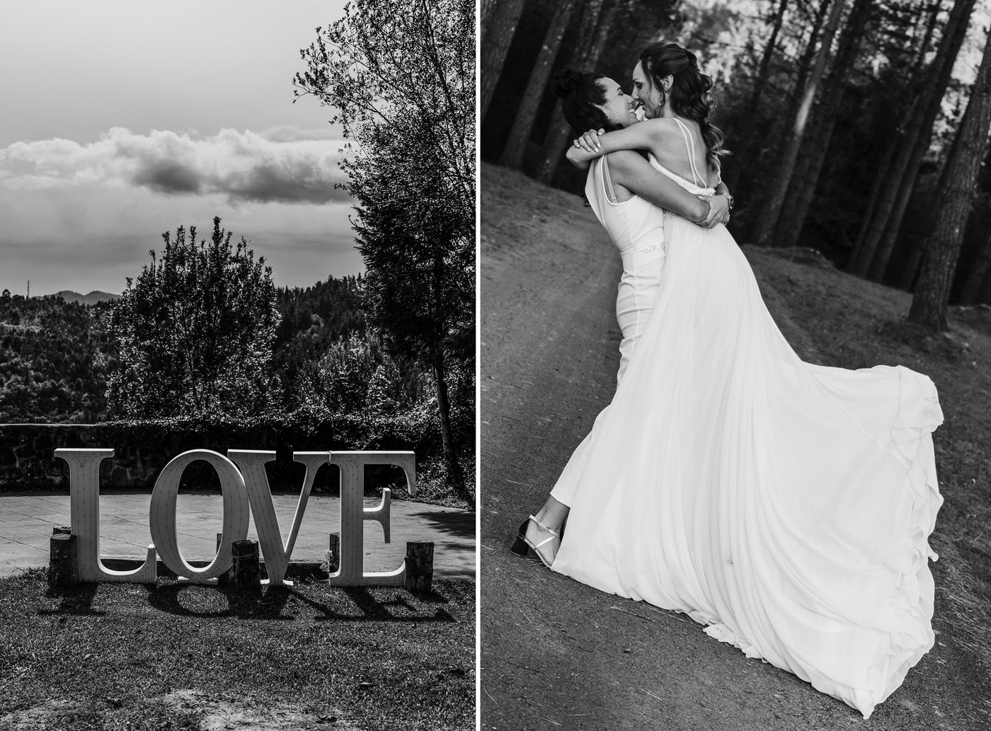 "Dos novias caminando juntas al aire libre el día de su boda, fotografía natural de boda en Bizkaia."
