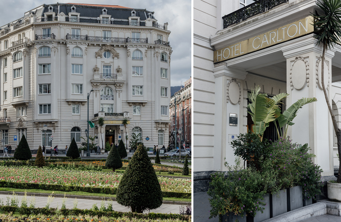 Fachada del Hotel Carlton en Bilbao, uno de los lugares emblemáticos para bodas у reportajes de fotógrafo de bodas en Bilbao.