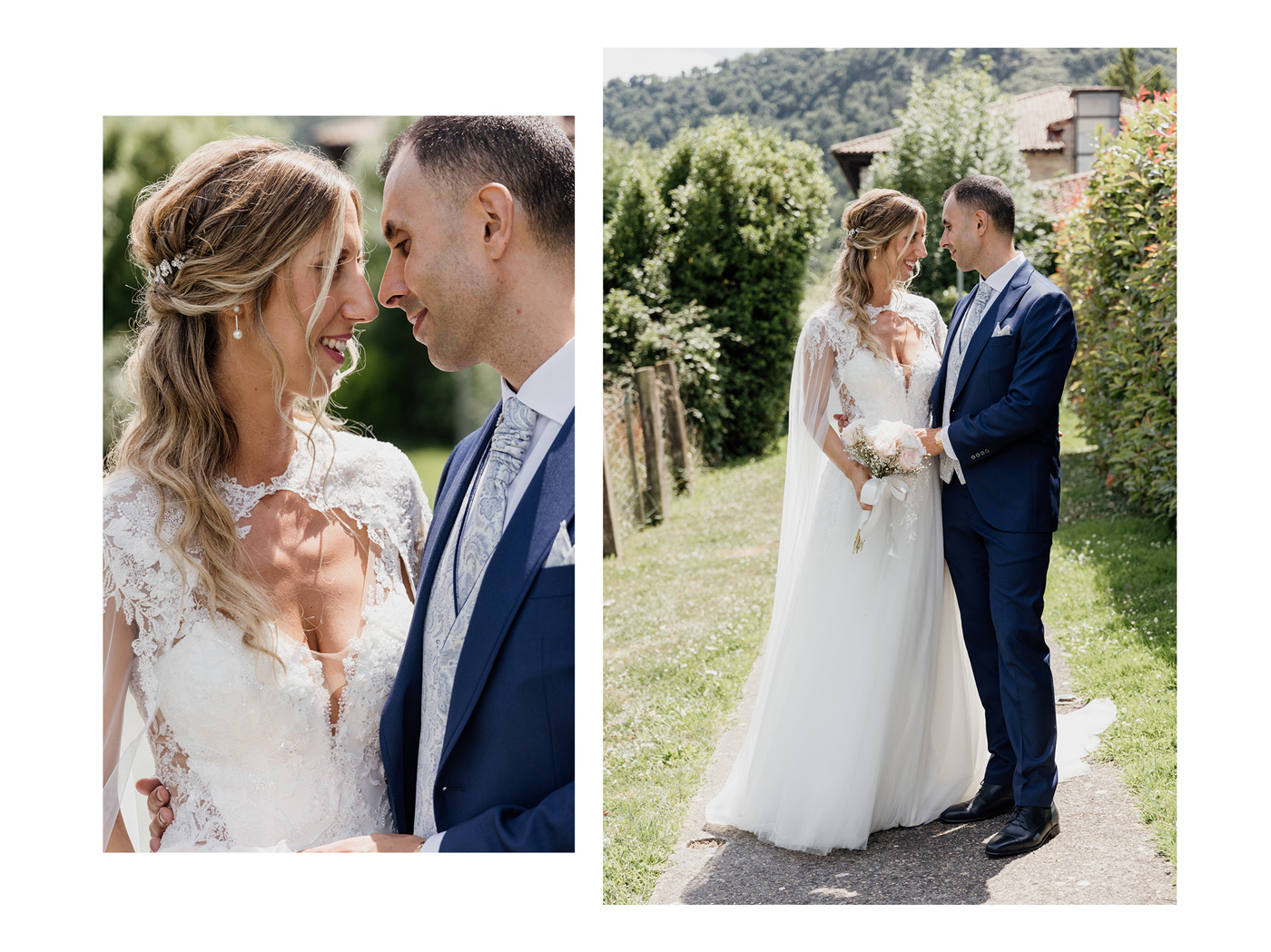 Retratos de los recién casados posando juntos al aire libre durante su boda, captados por un fotógrafo de bodas en Bilbao.