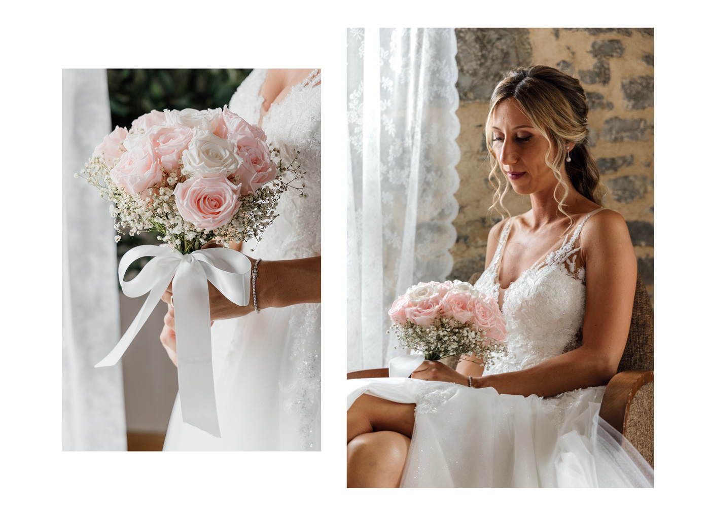 Detalle del ramo de novia y retrato de la novia sosteniéndolo, fotografiados por un fotógrafo de bodas en Bilbao.