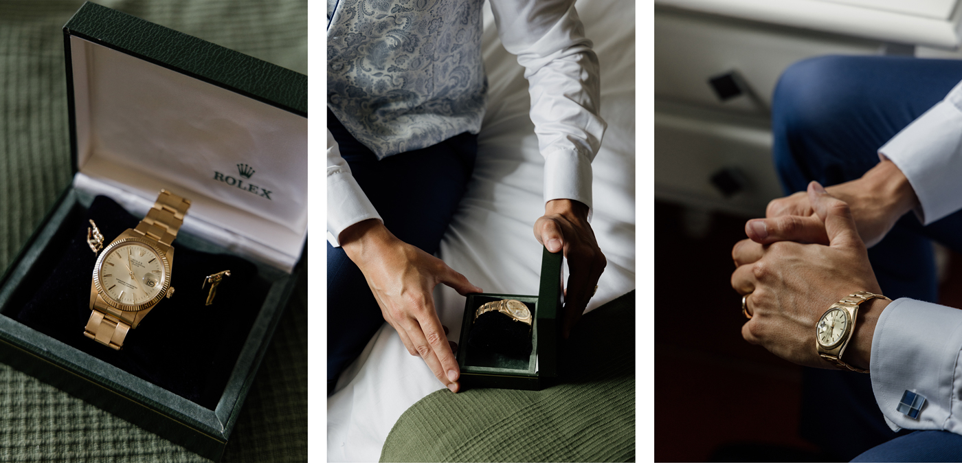Detalles del reloj del novio durante los preparativos de la boda, fotografiados por un fotógrafo de bodas en Bilbao.